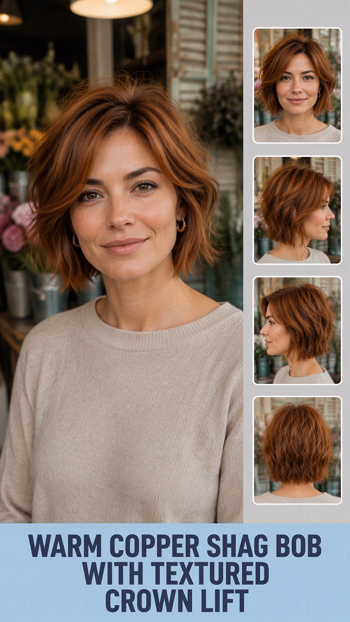 Warm Copper Shag Bob With Textured Crown Lift