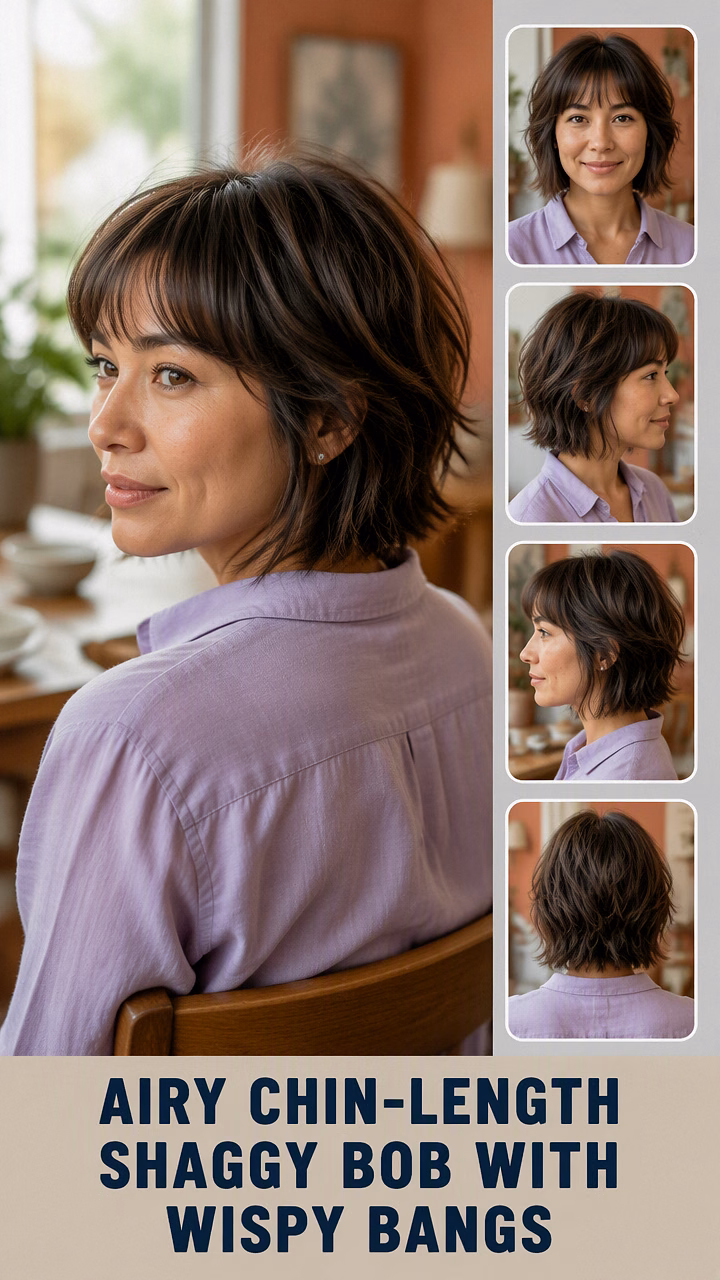Airy Chin-Length Shaggy Bob With Wispy Bangs