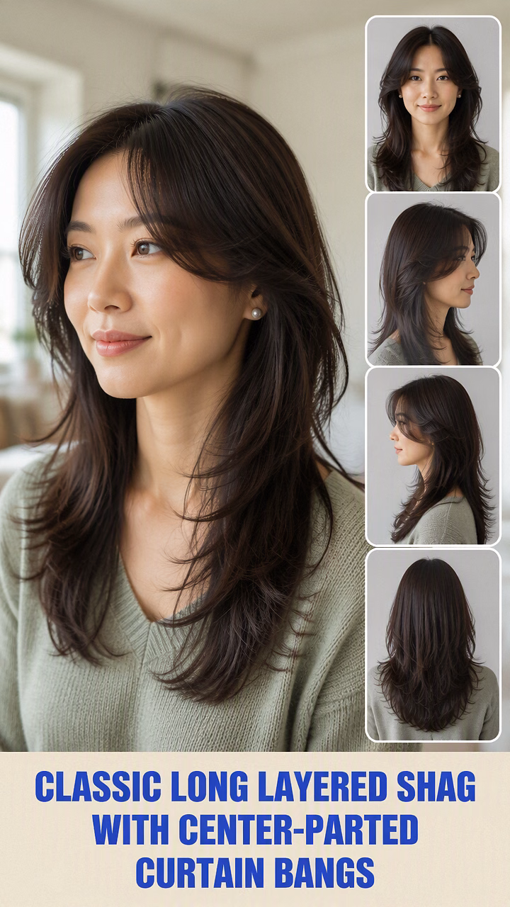 Classic Long Layered Shag With Center-Parted Curtain Bangs