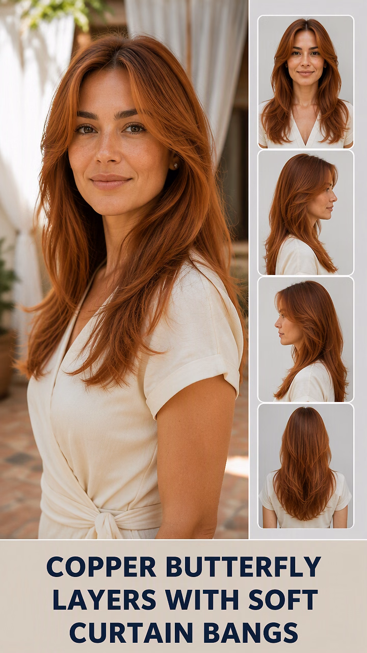Copper Butterfly Layers With Soft Curtain Bangs