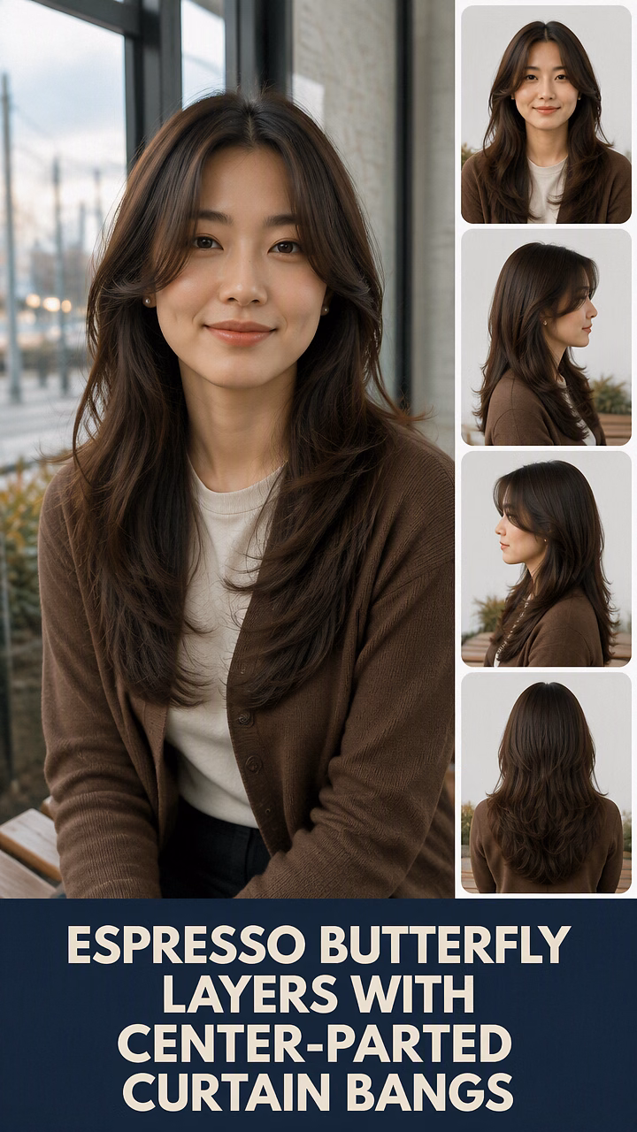 Espresso Butterfly Layers With Center-Parted Curtain Bangs