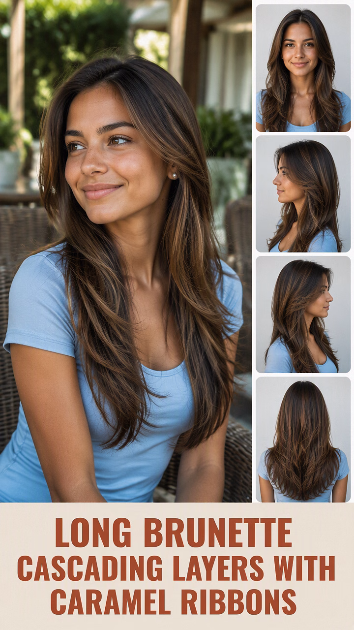 Long Brunette Cascading Layers With Caramel Ribbons