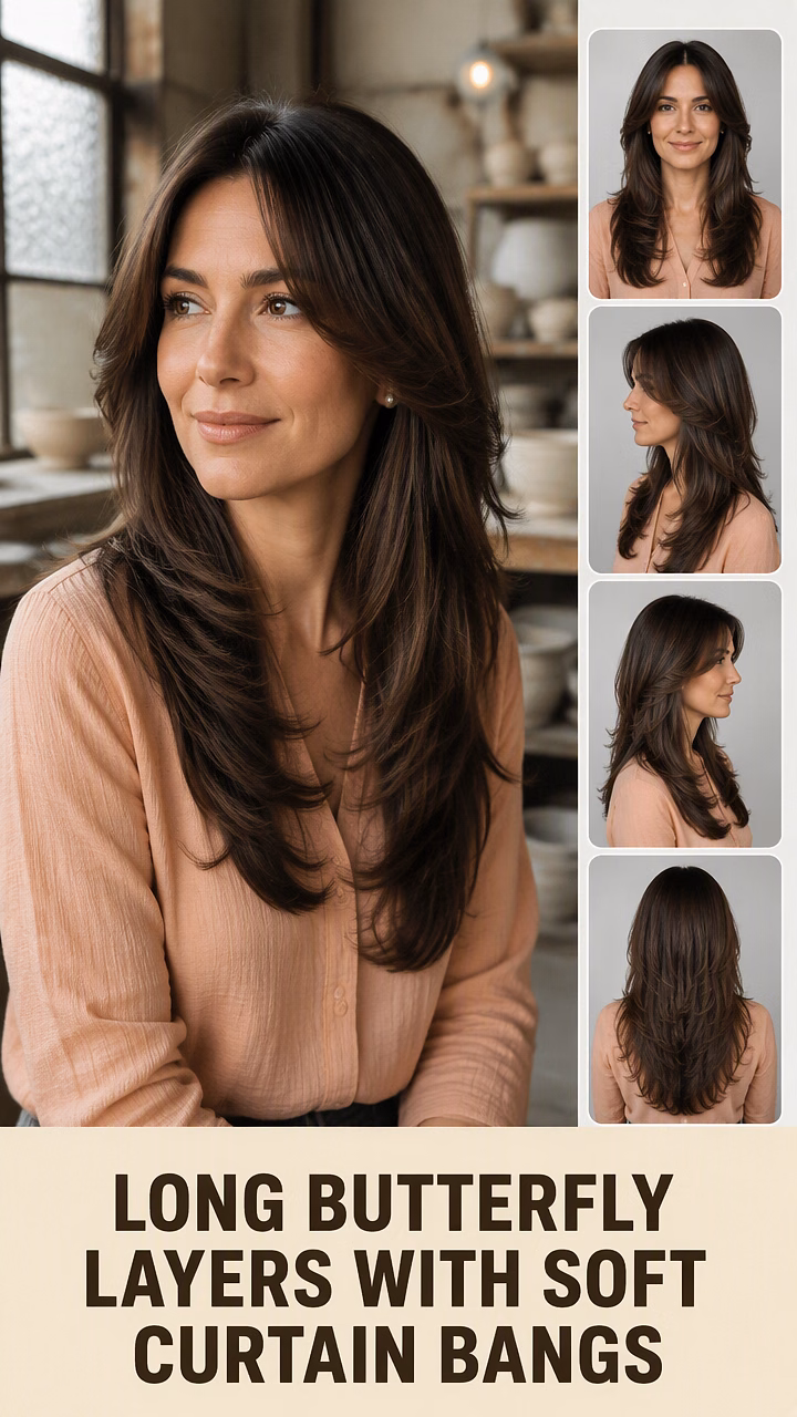 Long Butterfly Layers With Soft Curtain Bangs