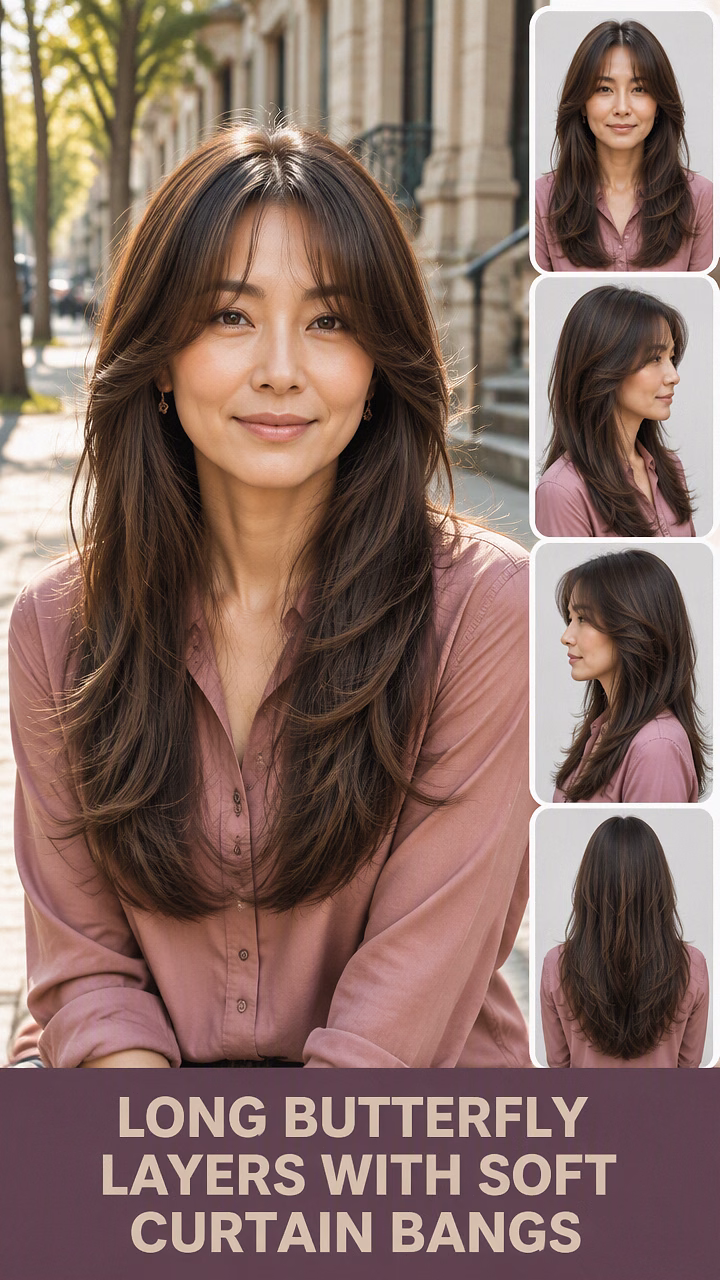 Long Butterfly Layers With Soft Curtain Bangs