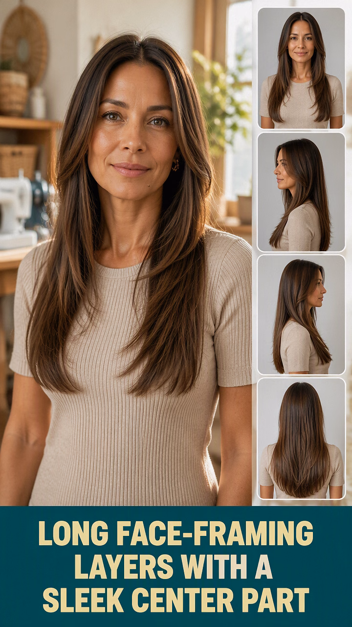 Long Face-Framing Layers With A Sleek Center Part