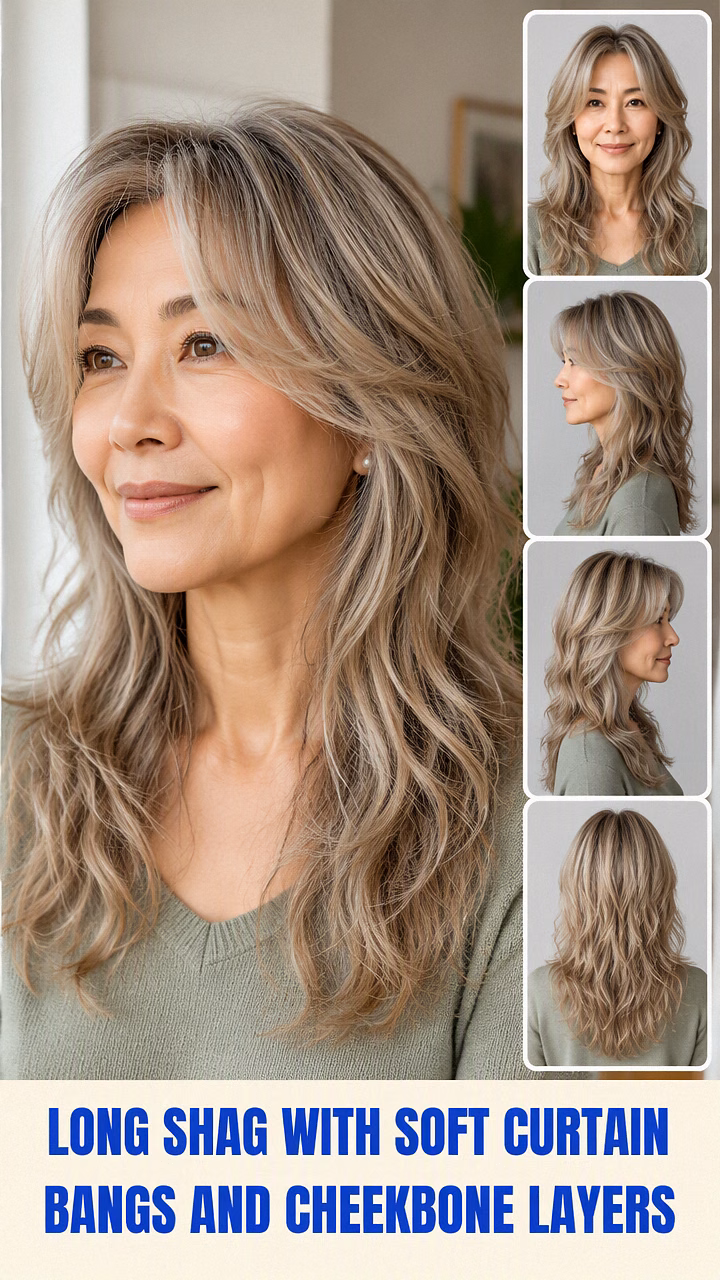 Long Shag With Soft Curtain Bangs And Cheekbone Layers