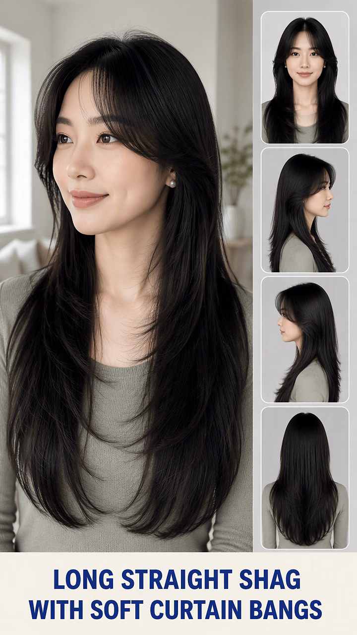 Long Straight Shag With Soft Curtain Bangs