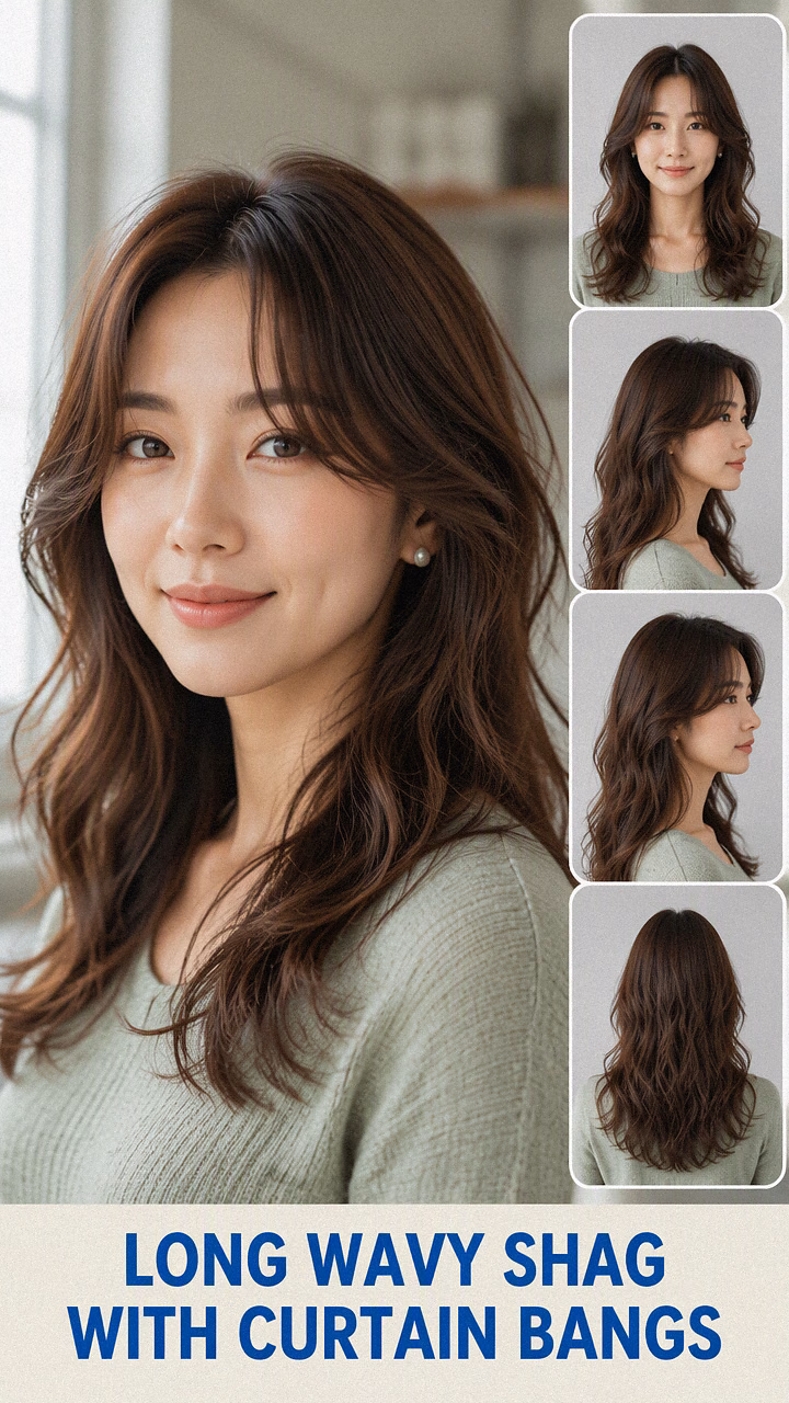 Long Wavy Shag With Curtain Bangs