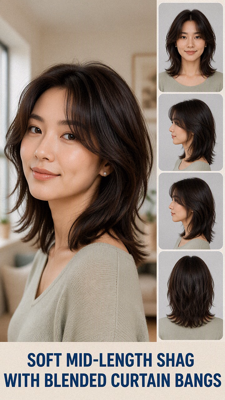 Soft Mid-Length Shag With Blended Curtain Bangs