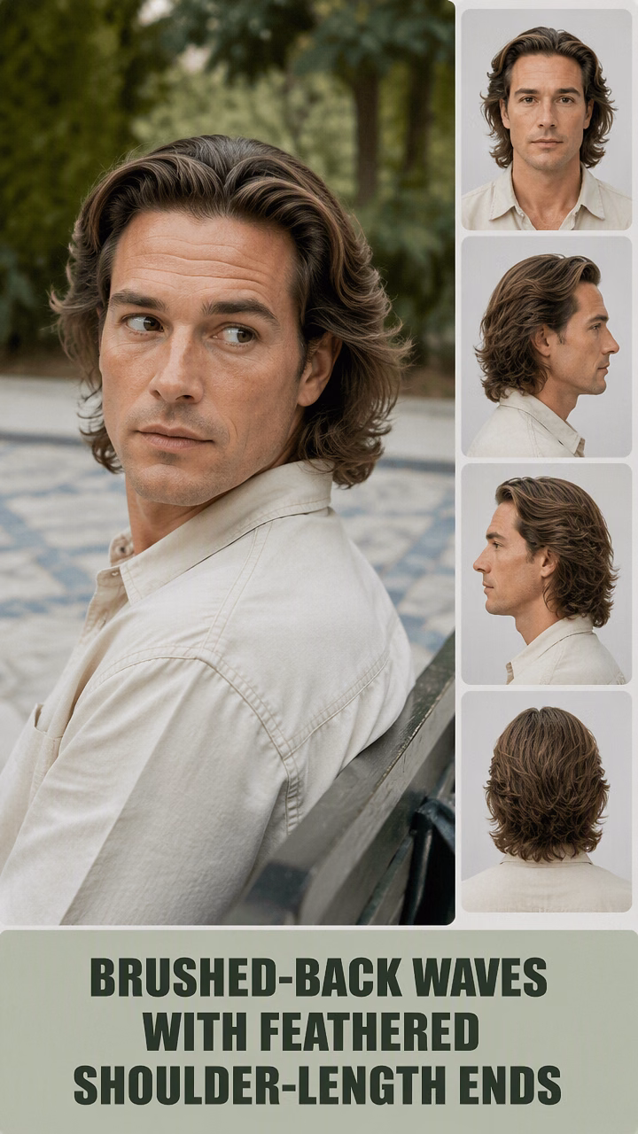 Brushed-Back Waves With Feathered Shoulder-Length Ends