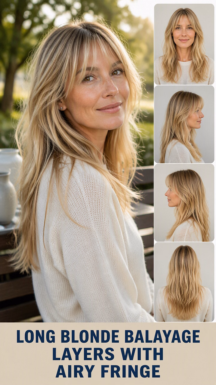 Long Blonde Balayage Layers With Airy Fringe