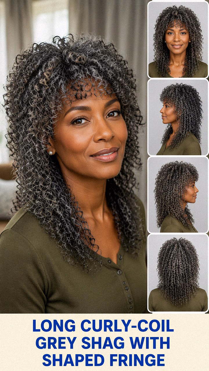 Long Curly-Coil Grey Shag With Shaped Fringe