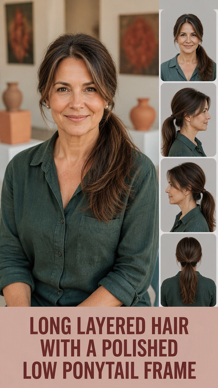 Long Layered Hair With A Polished Low Ponytail Frame
