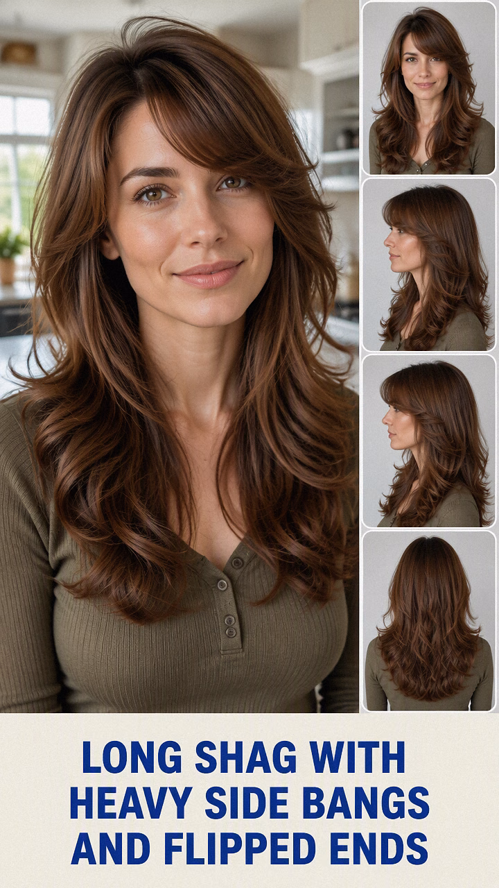 Long Shag With Heavy Side Bangs And Flipped Ends