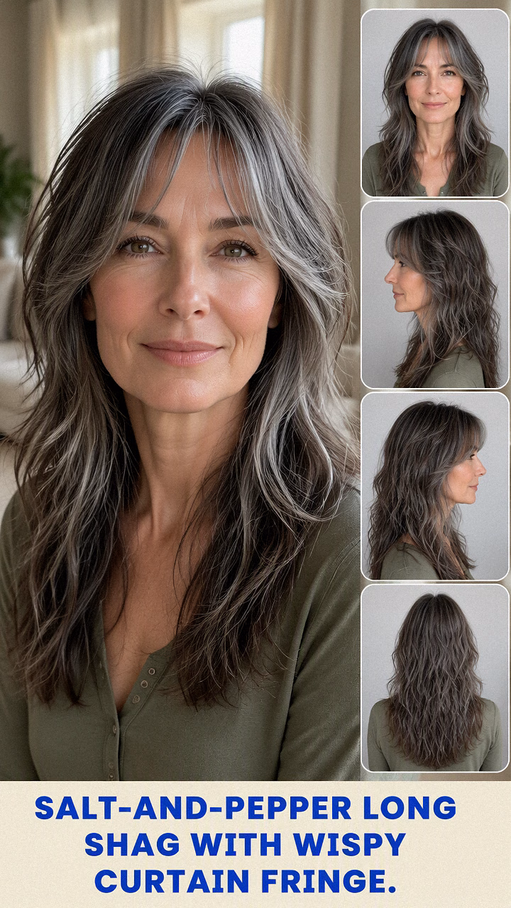 Salt-And-Pepper Long Shag With Wispy Curtain Fringe