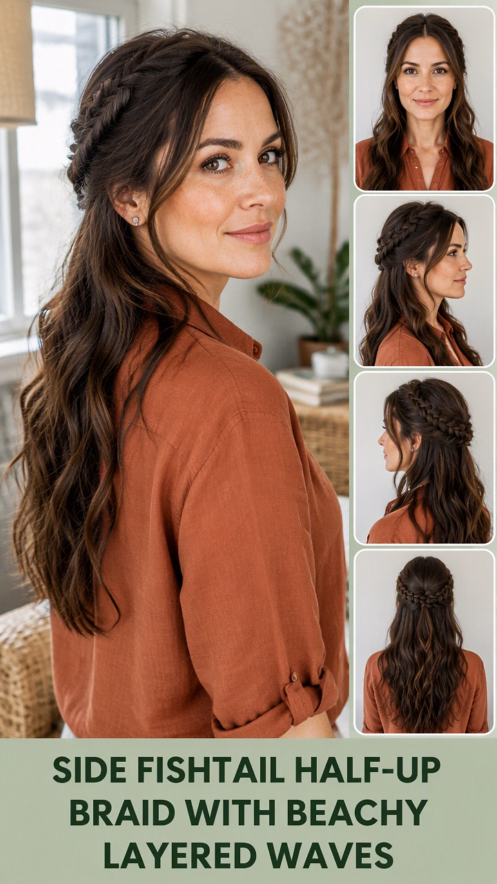 Side Fishtail Half-Up Braid With Beachy Layered Waves