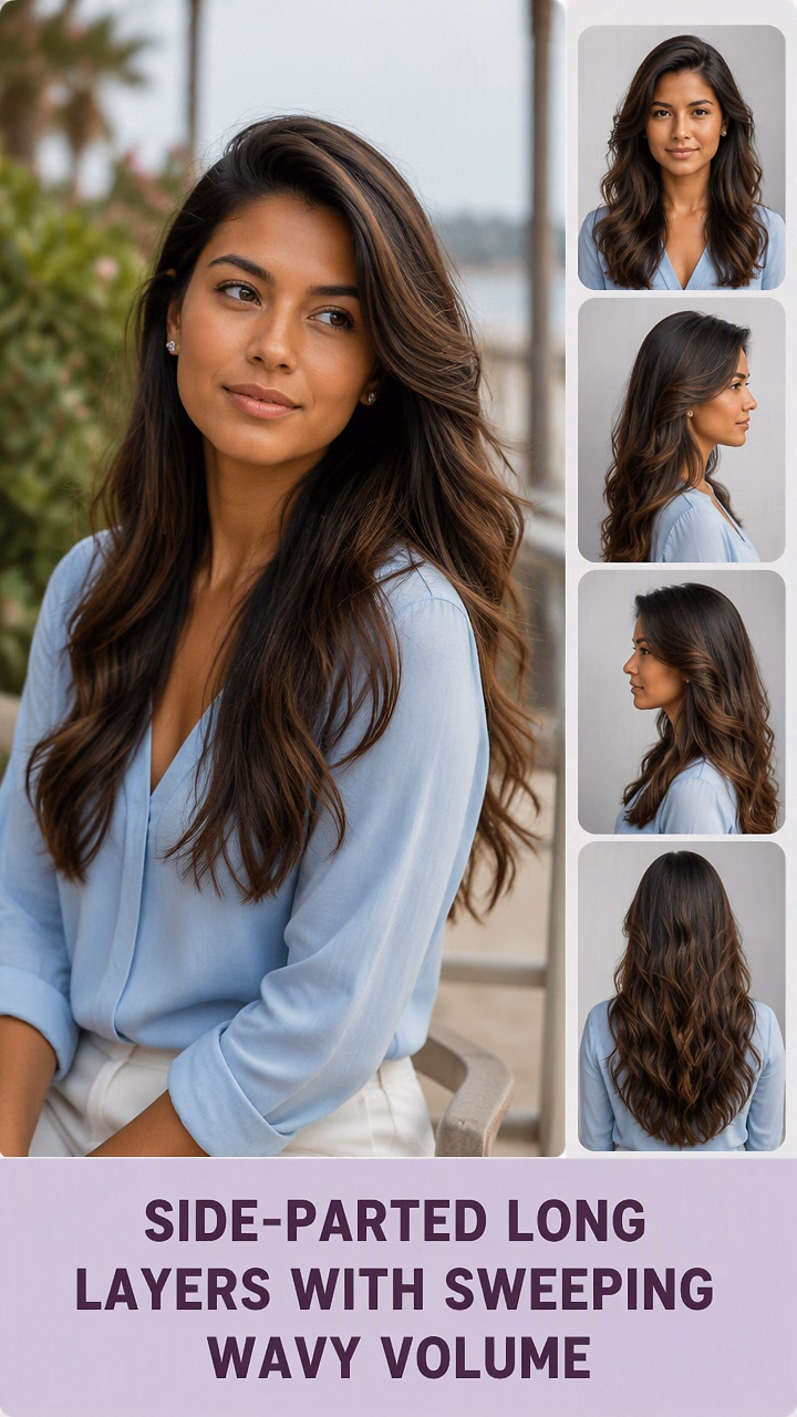 Side-Parted Long Layers With Sweeping Wavy Volume