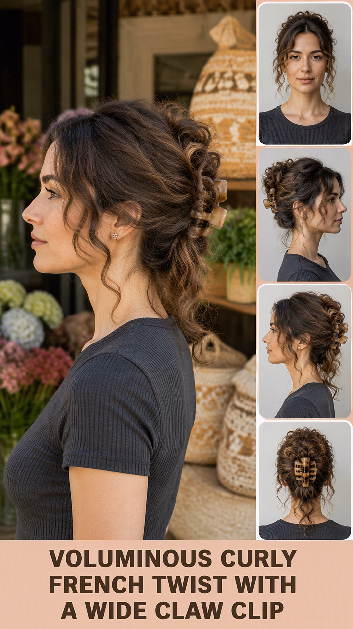 Voluminous Curly French Twist With A Wide Claw Clip