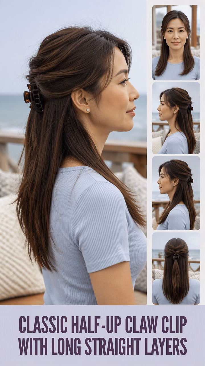 Classic Half-Up Claw Clip With Long Straight Layers