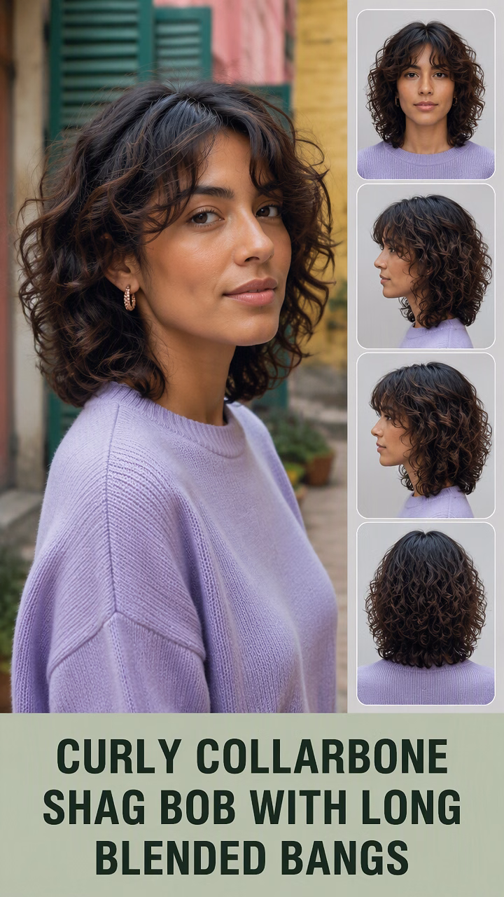 Curly Collarbone Shag Bob With Long Blended Bangs