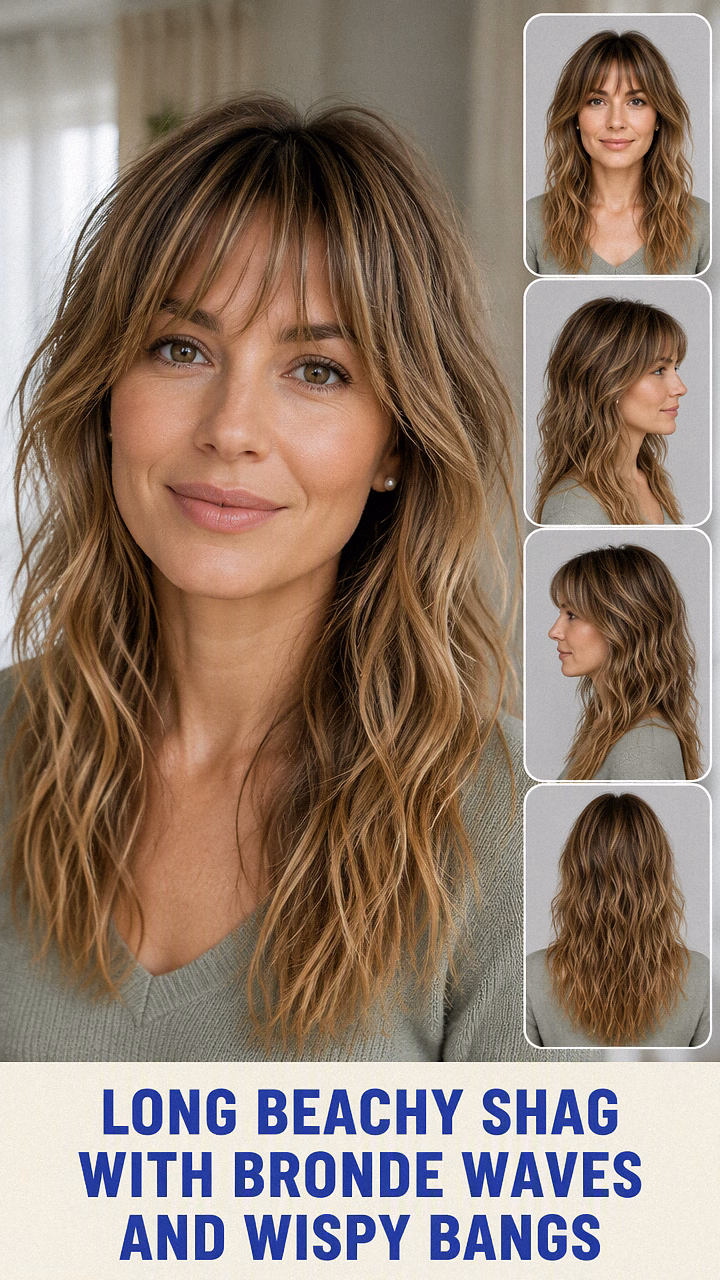 Long Beachy Shag With Bronde Waves And Wispy Bangs