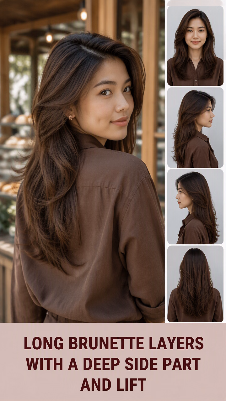 Long Brunette Layers With A Deep Side Part And Lift