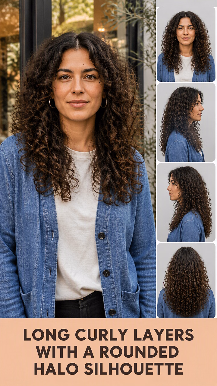 Long Curly Layers With a Rounded Halo Silhouette