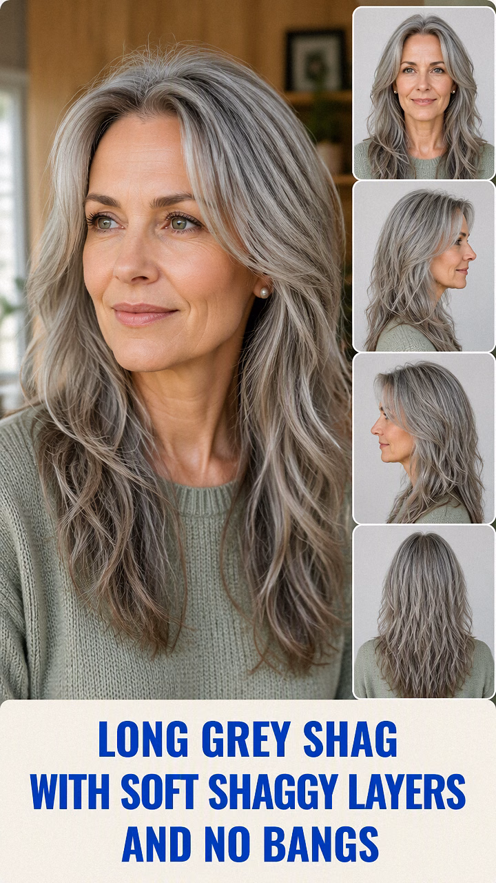 Long Grey Shag With Soft Shaggy Layers And No Bangs