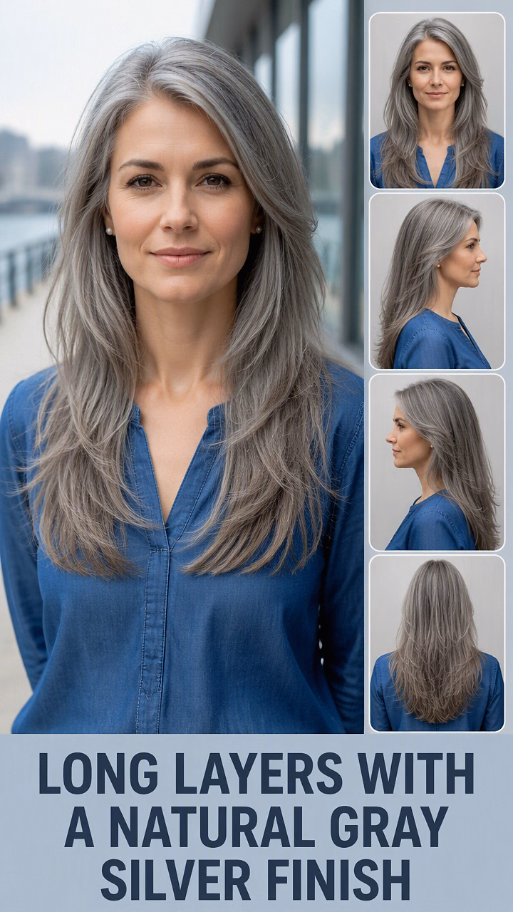 Long Layers With A Natural Gray Silver Finish