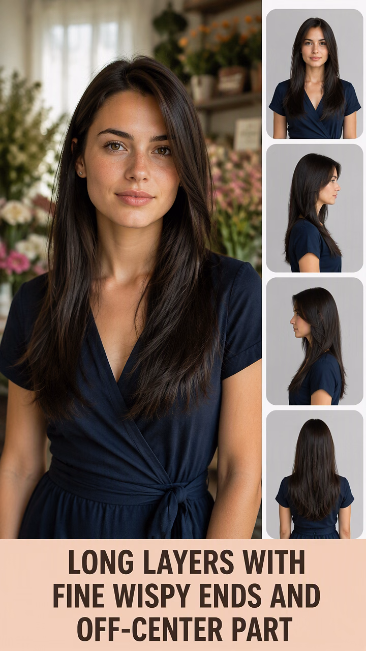 Long Layers With Fine Wispy Ends And Off-Center Part