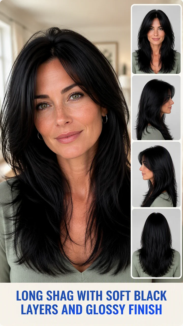 Long Shag With Soft Black Layers And Glossy Finish