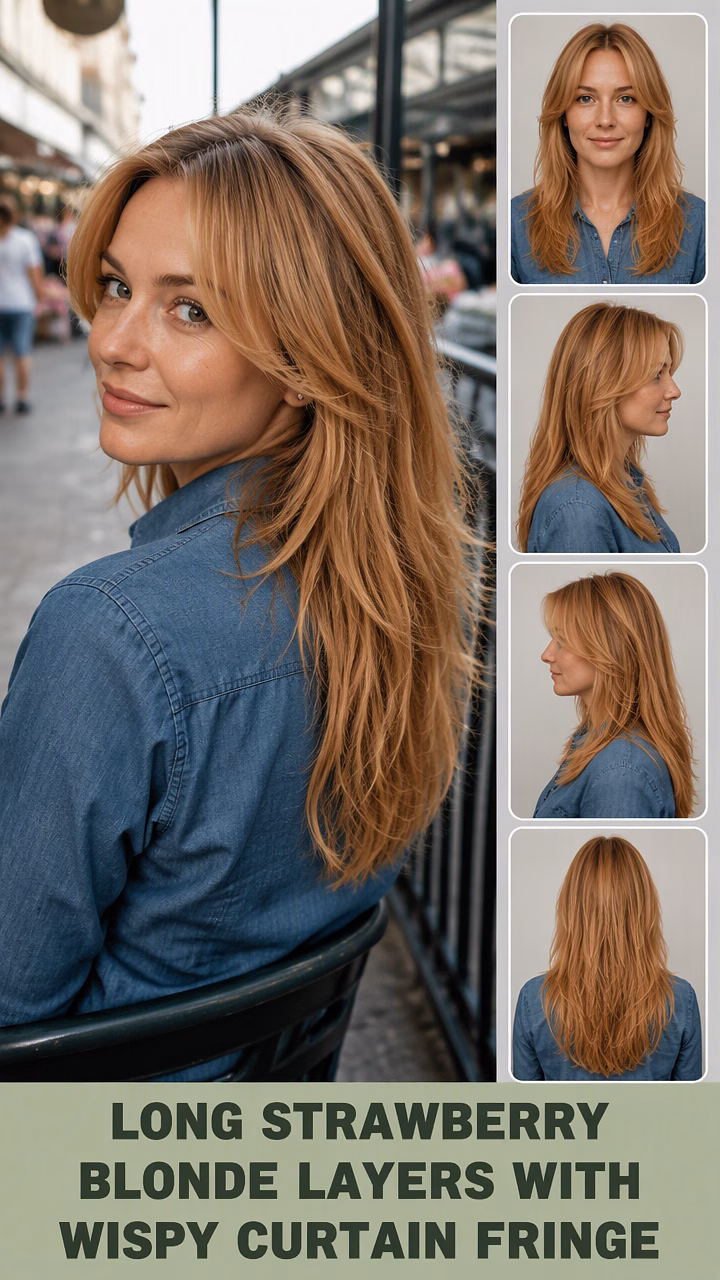 Long Strawberry Blonde Layers With Wispy Curtain Fringe