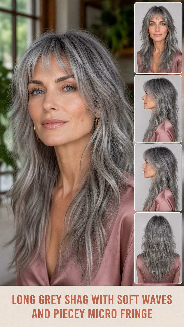 Long Grey Shag With Soft Waves And Piecey Micro Fringe