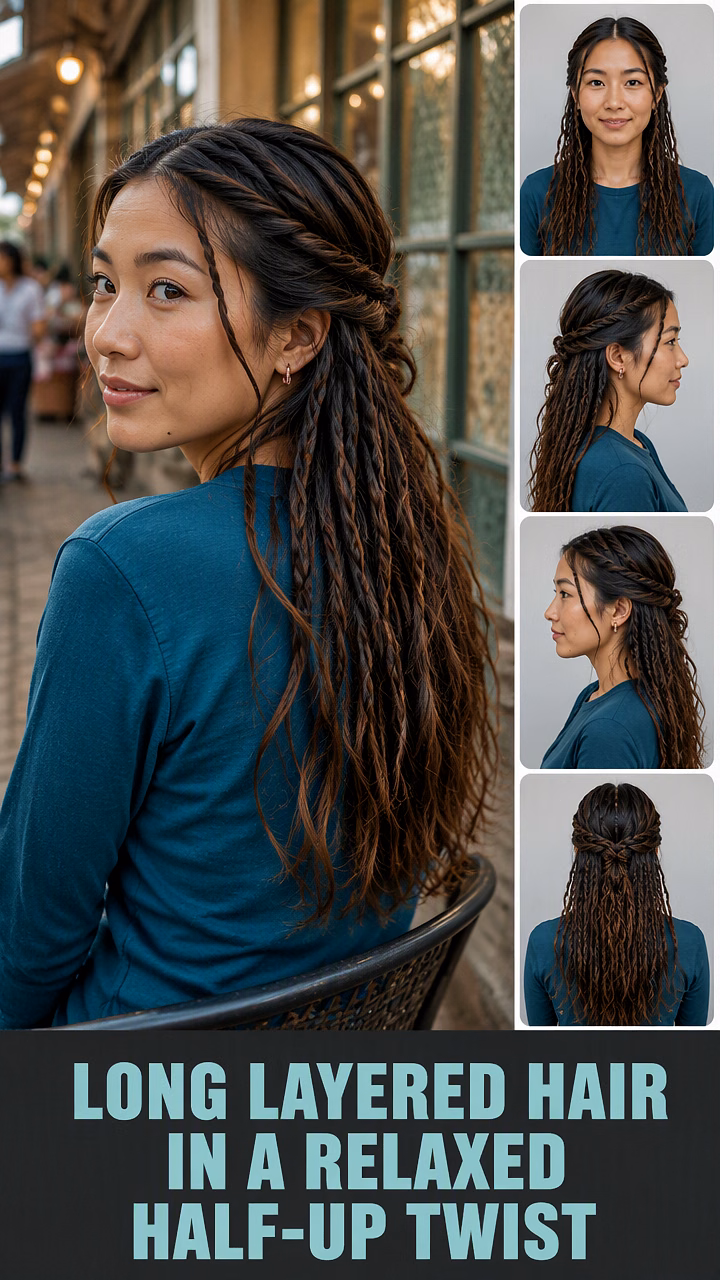 Long Layered Hair In A Relaxed Half-Up Twist