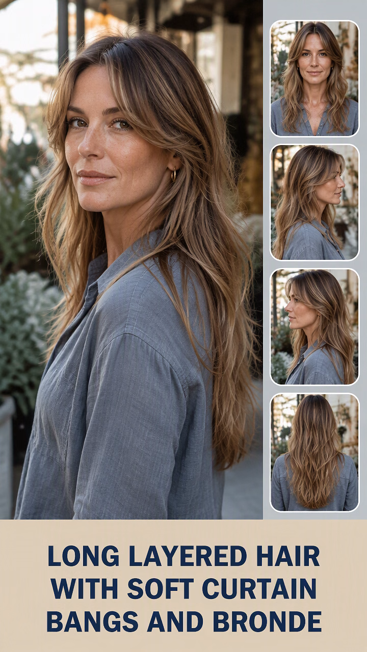 Long Layered Hair With Soft Curtain Bangs And Bronde