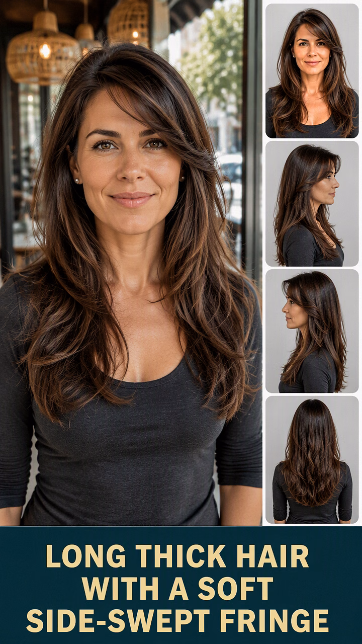 Long Thick Hair With A Soft Side-Swept Fringe