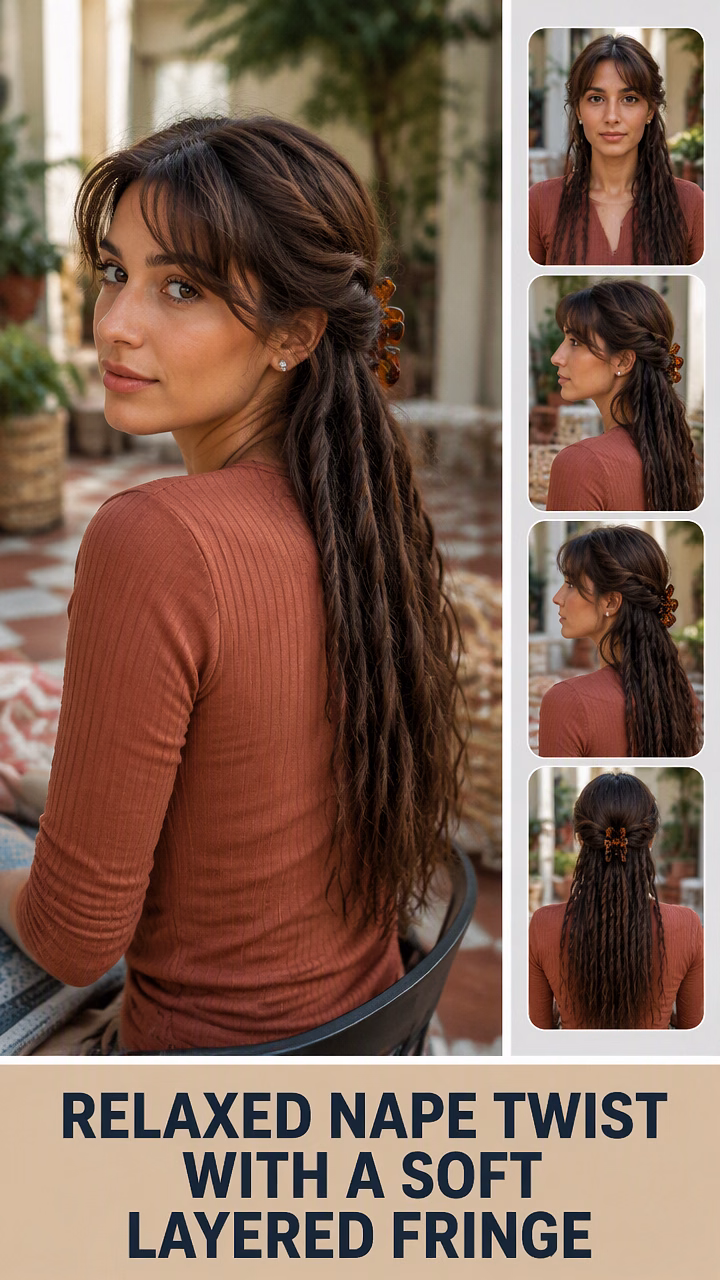 Relaxed Nape Twist With A Soft Layered Fringe