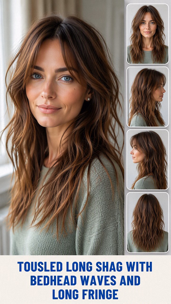 Tousled Long Shag With Bedhead Waves And Long Fringe