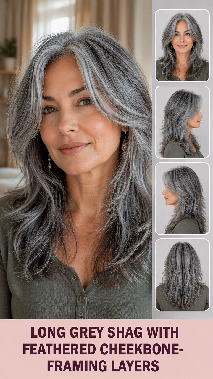 Long Grey Shag With Feathered Cheekbone-Framing Layers
