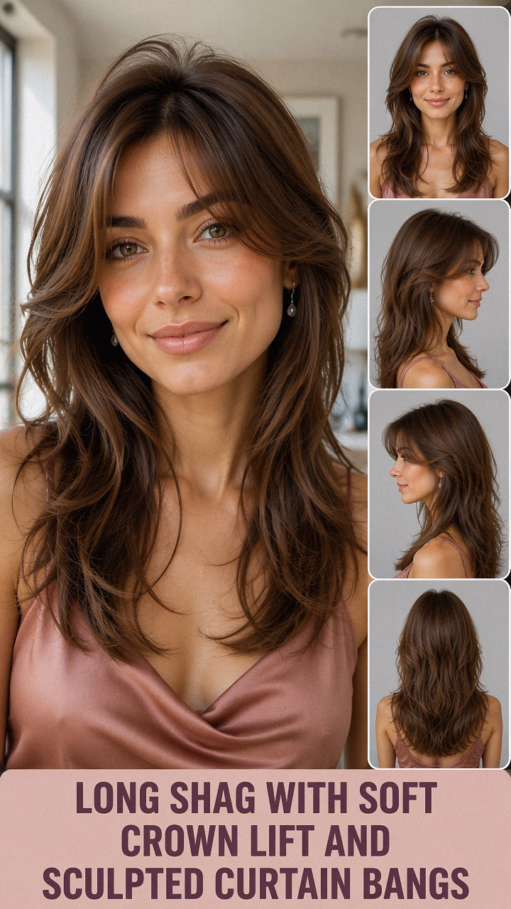 Long Shag With Soft Crown Lift And Sculpted Curtain Bangs