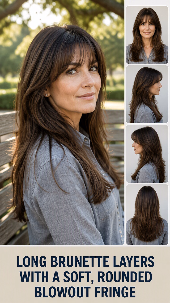 Long Brunette Layers With A Soft, Rounded Blowout Fringe