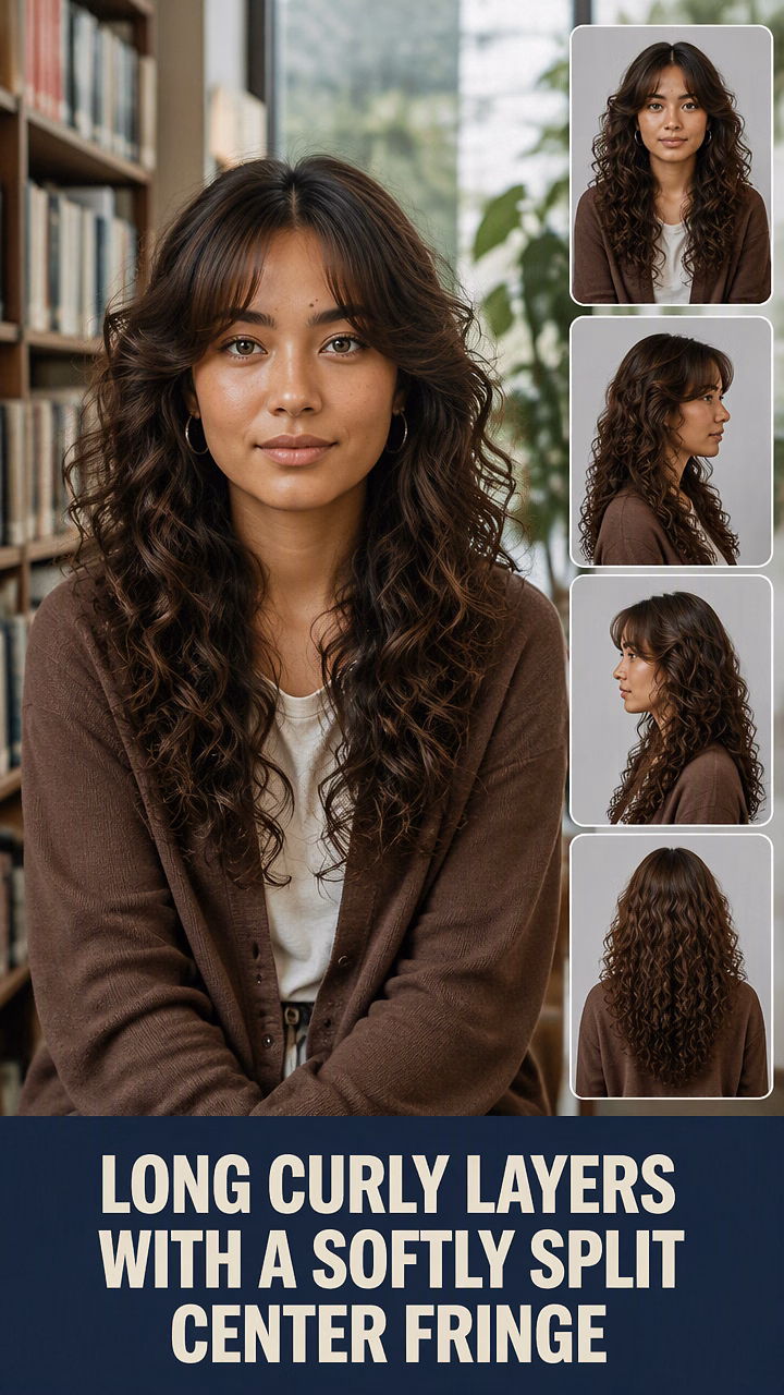 Long Curly Layers With a Softly Split Center Fringe