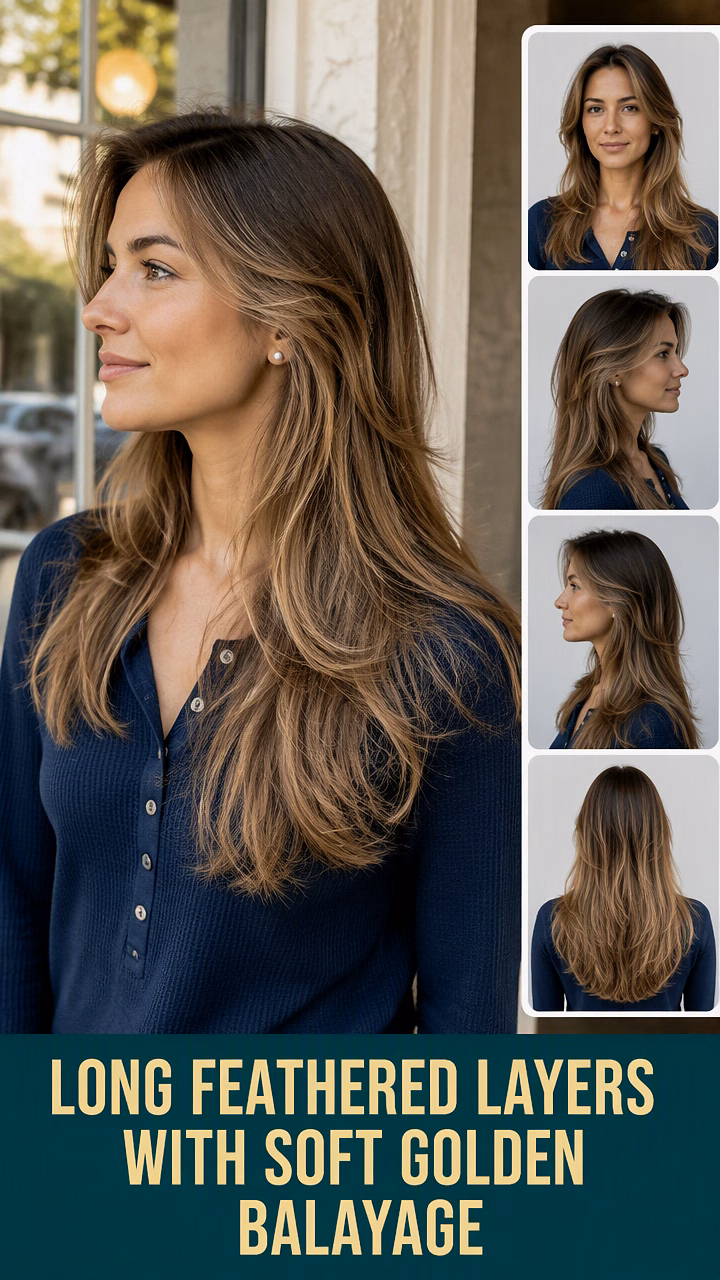 Long Feathered Layers With Soft Golden Balayage