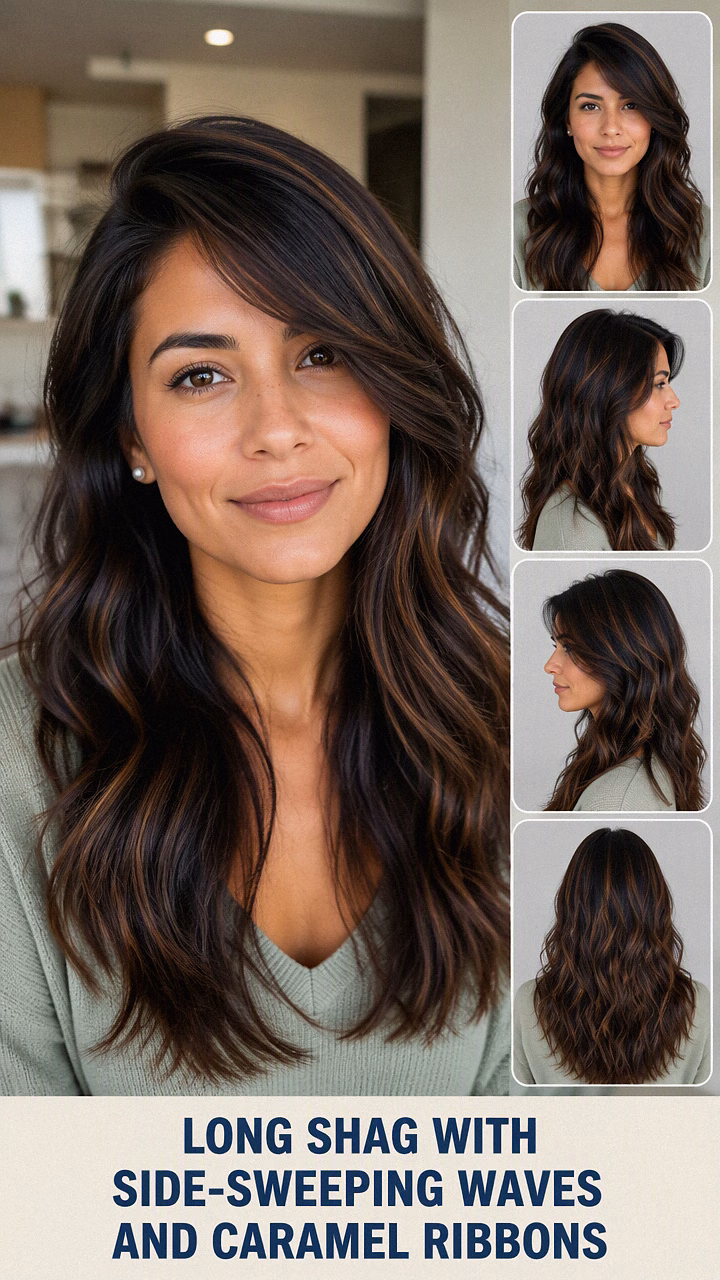 Long Shag With Side-Sweeping Waves And Caramel Ribbons