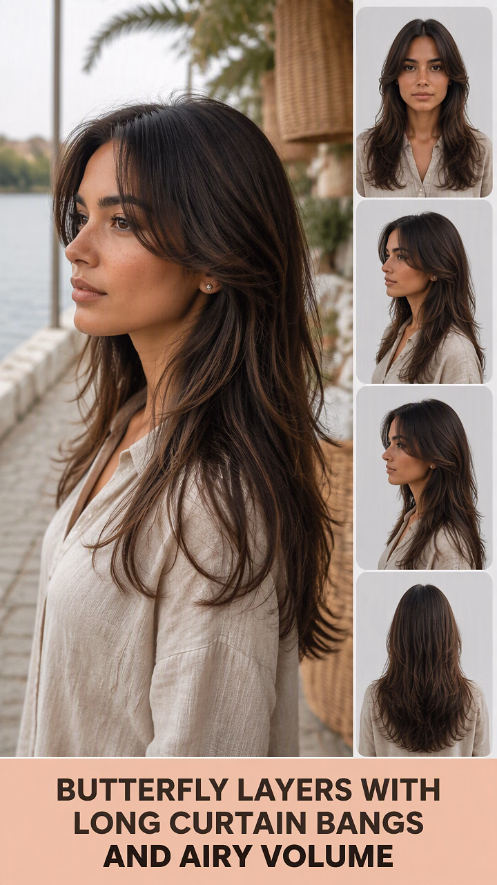 Butterfly Layers With Long Curtain Bangs And Airy Volume