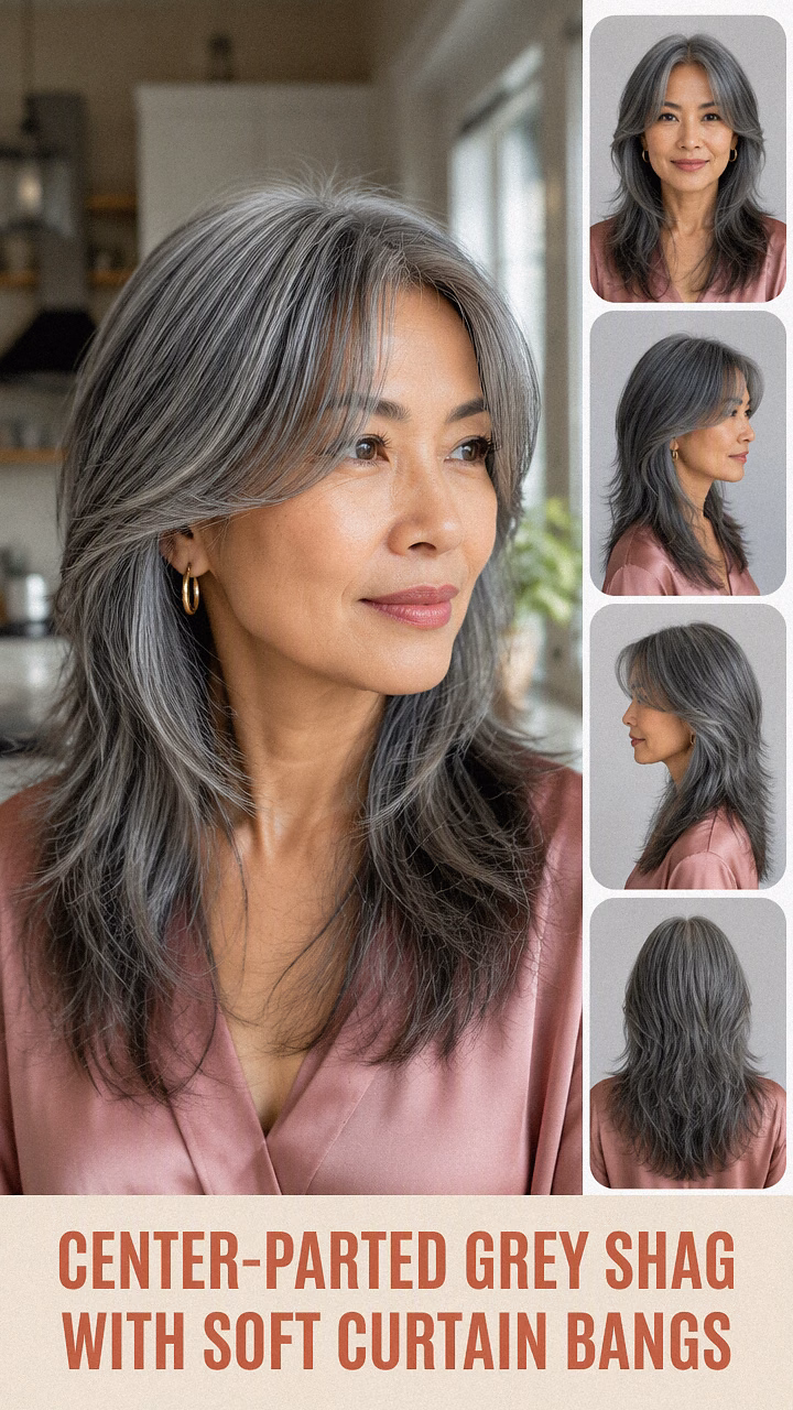 Center-Parted Grey Shag With Soft Curtain Bangs