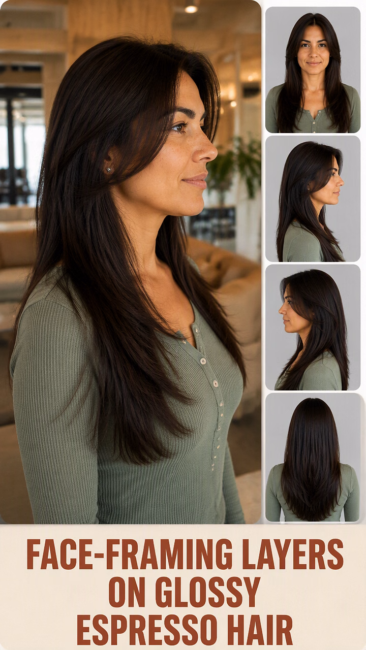Face-Framing Layers On Glossy Espresso Hair