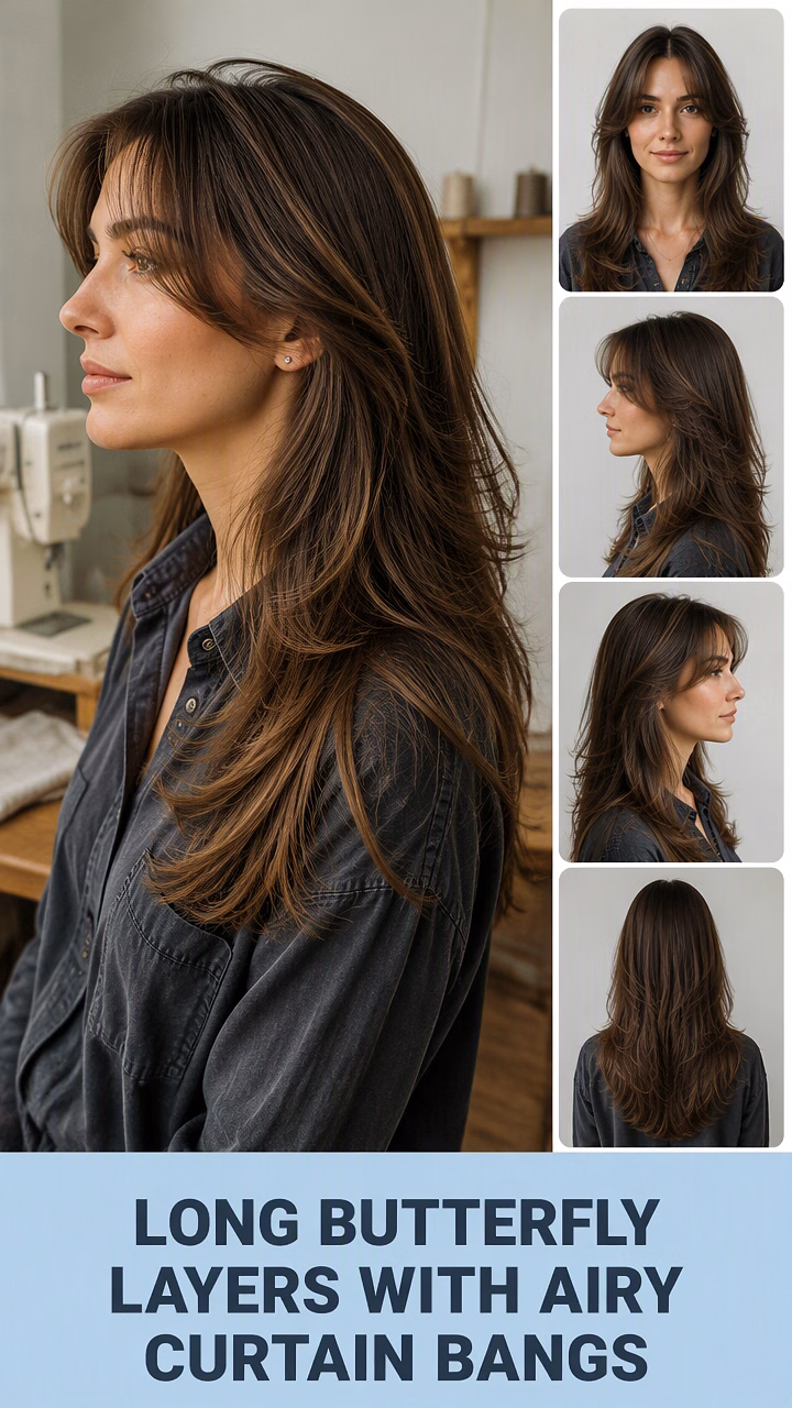 Long Butterfly Layers With Airy Curtain Bangs