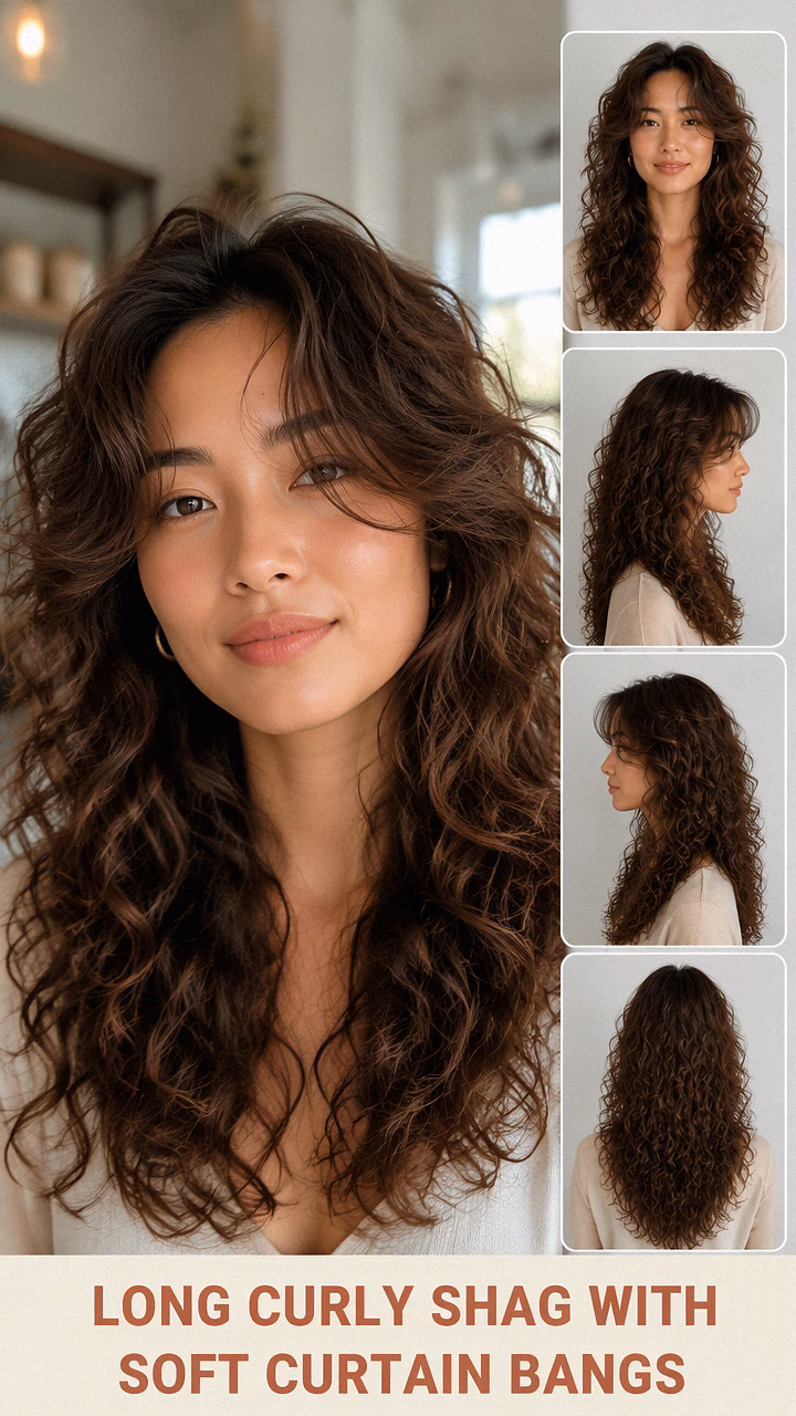 Long Curly Shag With Soft Curtain Bangs