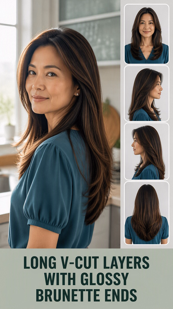 Long V-Cut Layers With Glossy Brunette Ends